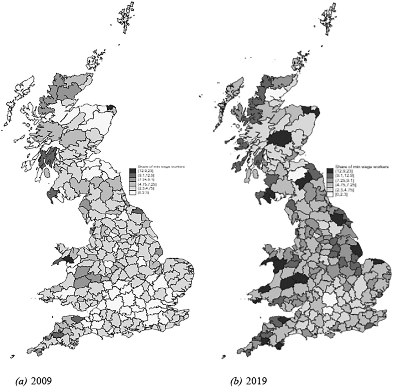 map showing areas with a higher share of people receiving minimum wages. The share of minimum wage workers increased throughout Great Britain, but was higher in parts of the northeast, Cornwall, Wales, and Scotland, and much lower around London and the southeast