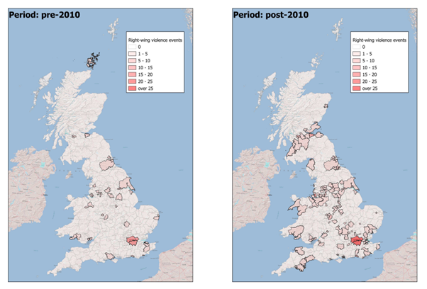 Two maps of the UK side by side, showing far-right attacks before 2010 and after. The map after shows more attacks, and more widespread after 2010