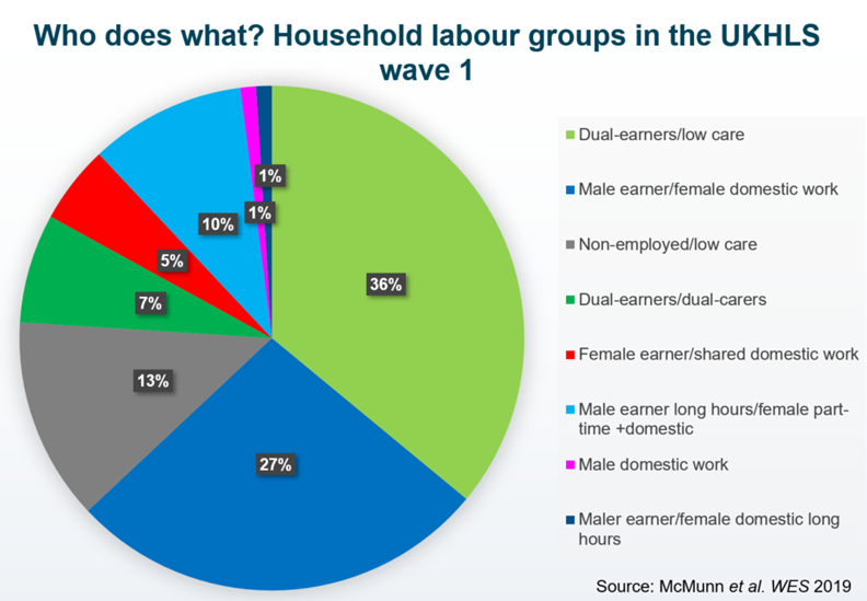 Household labour groups in Understanding Society Wave 1: dual earners/low care account for 36% of households, male earner/female domestic work 27%, non-employed/low care 13%, duel earners/dual care 7%, female earner/shared domestic work 5%, male earner long hours/female part-time + domestic 10%, male domestic work 1%, male earner/female domestic long hours 1%