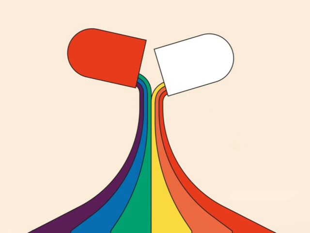an image from the front cover of Daisy Fancourt's Art Cure: a red and white capsule has been opened and a rainbow is pouring out