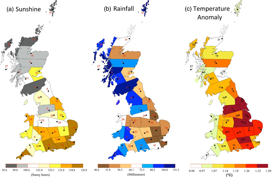 three maps of the UK showing average sunshine, rainfall and temperature anomalies for each of 32 weather stations and their surrounding areas. Generally speaking, the colour coding for the maps shows: more sun in the south, more rain in the west, and greater temperature anomalies in the south and east